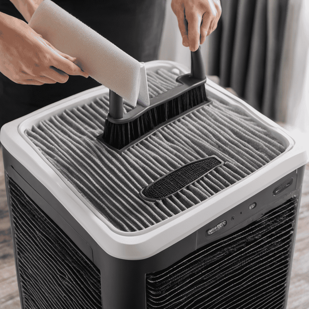 An image showcasing the step-by-step process of cleaning an air purifier pre-filter: capturing a close-up of removing the filter, rinsing it under running water, gently scrubbing with a brush, and drying it under sunlight