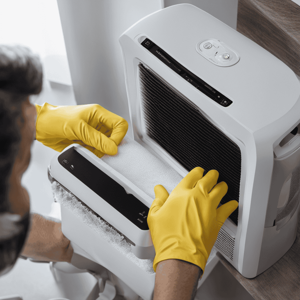 An image showcasing a person wearing gloves, disassembling a Sharp air purifier