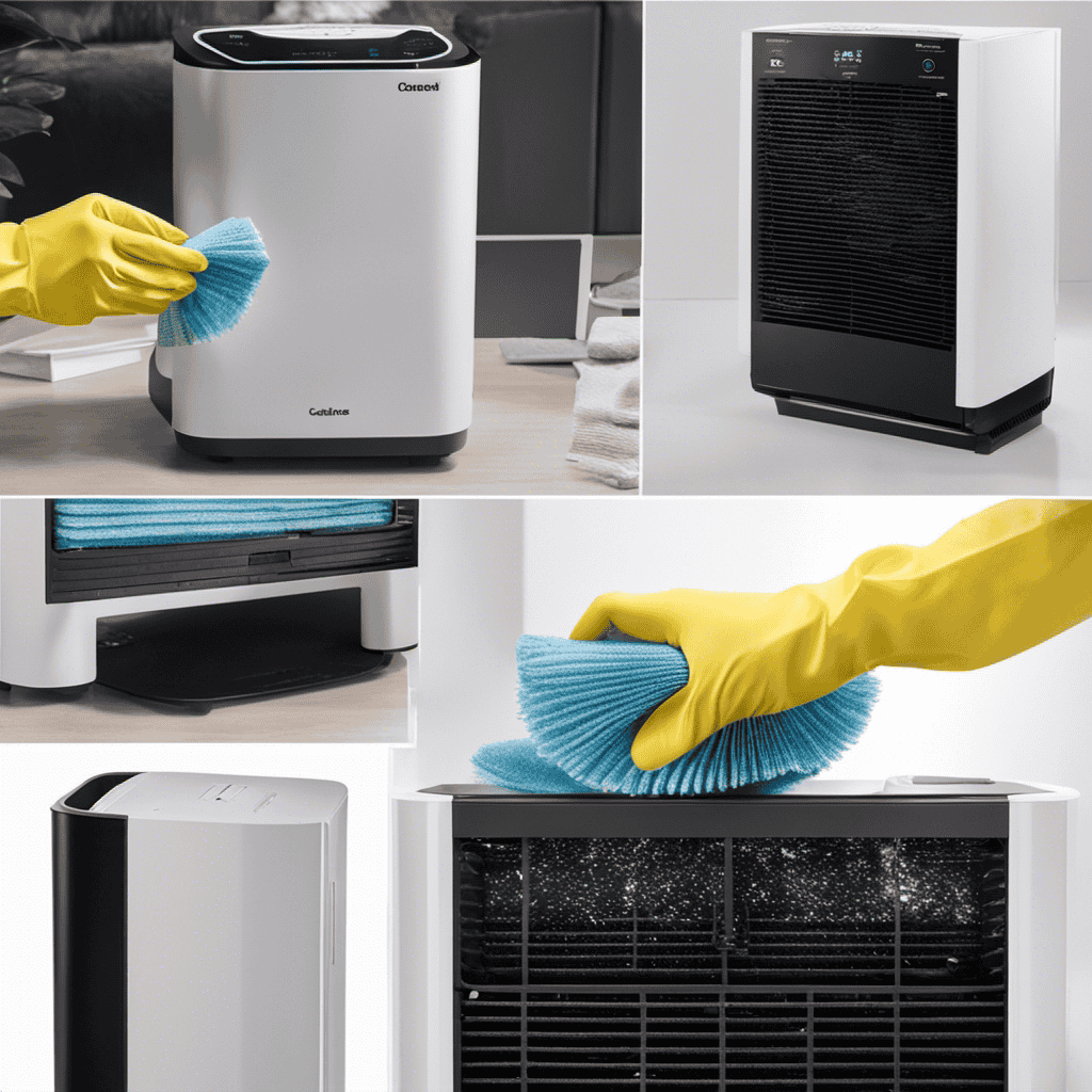 An image showcasing hands wearing cleaning gloves, carefully removing the front panel of an air purifier
