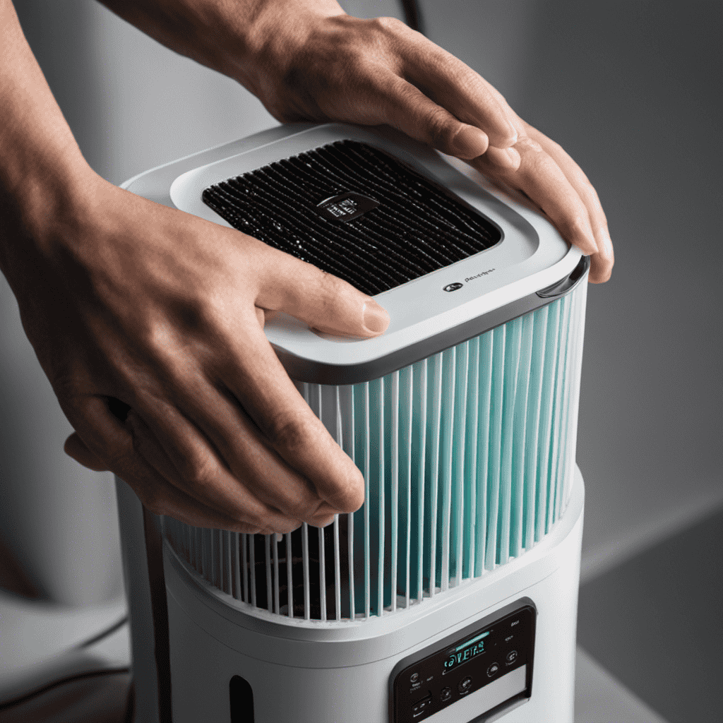 An image showcasing the step-by-step process of cleaning an air purifier HEPA filter: a close-up shot of hands removing the filter, rinsing it under running water, gently brushing off dust, drying it, and finally placing it back into the purifier
