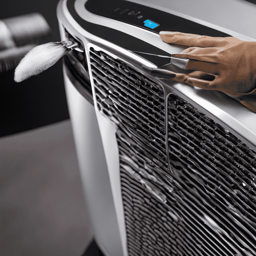 An image of a person wearing gloves and using a soft brush to gently remove dust particles from the intricate grilles and vents of an ionic air purifier