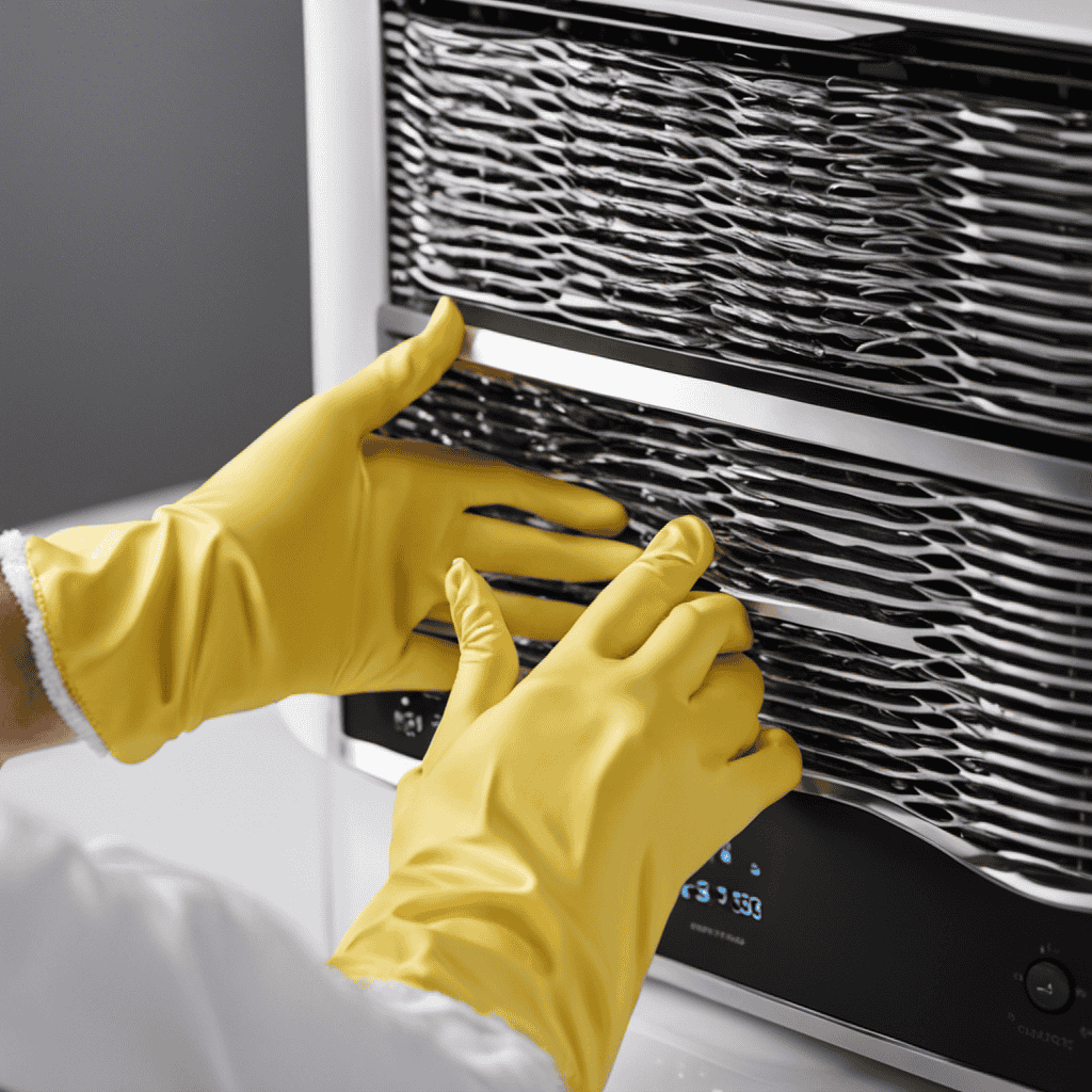An image featuring a close-up of hands wearing rubber gloves, gently wiping the intricate grill of an Ionic Pro Home Air Purifier with a microfiber cloth, removing dust particles and ensuring pristine cleanliness