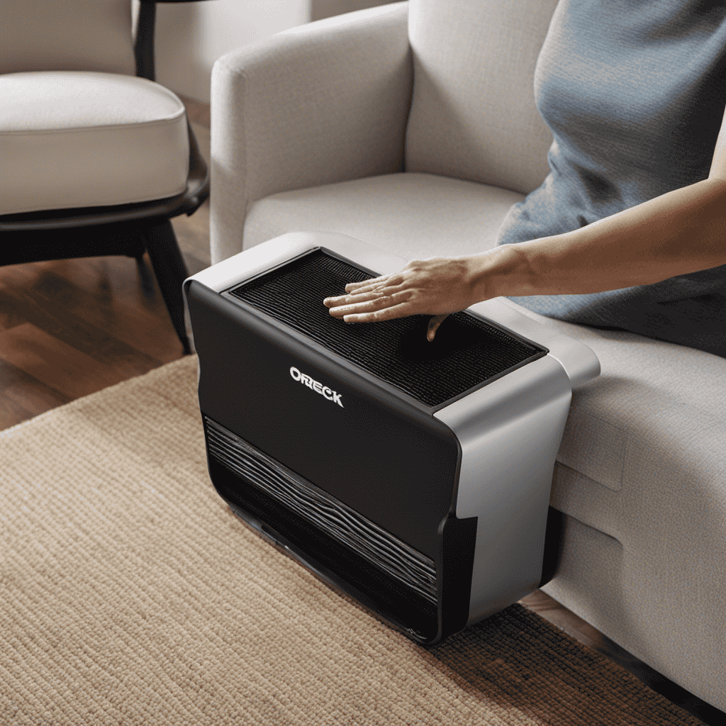 An image showcasing a pair of gloved hands gently removing the front panel of an Oreck XL Signature Series Air Purifier, revealing a dusty filter