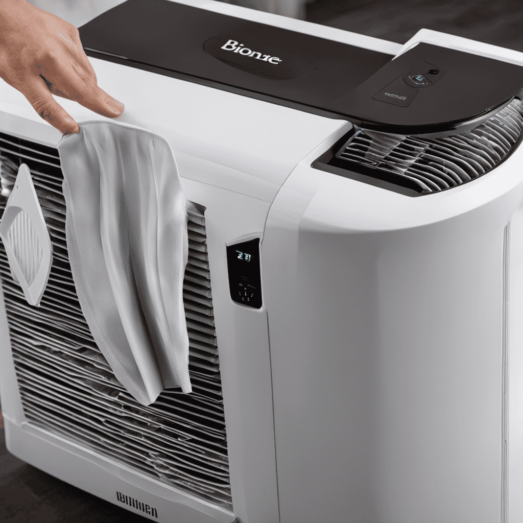 An image showcasing a pair of gloved hands gently removing the loud filter from a Bionaire Air Purifier