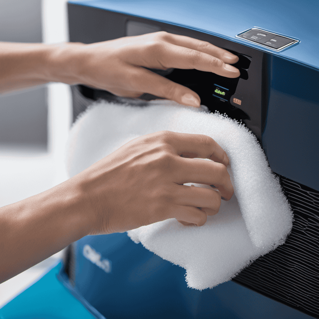 An image showcasing a pair of gloved hands gently wiping a soft microfiber cloth across the sleek, blue surface of an air purifier cover, effortlessly removing dust particles and restoring its pristine appearance