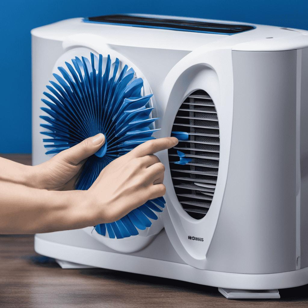 An image showcasing a pair of gloved hands delicately disassembling a blue air purifier fan, removing accumulated dust and debris with a soft brush, and meticulously wiping the blades clean with a microfiber cloth
