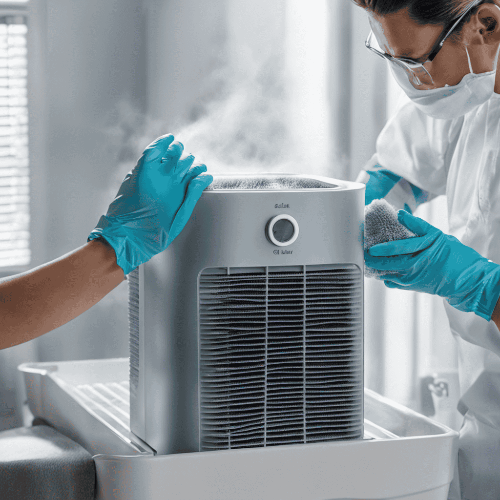 An image showcasing a pair of gloved hands delicately removing a dusty blue air purifier filter