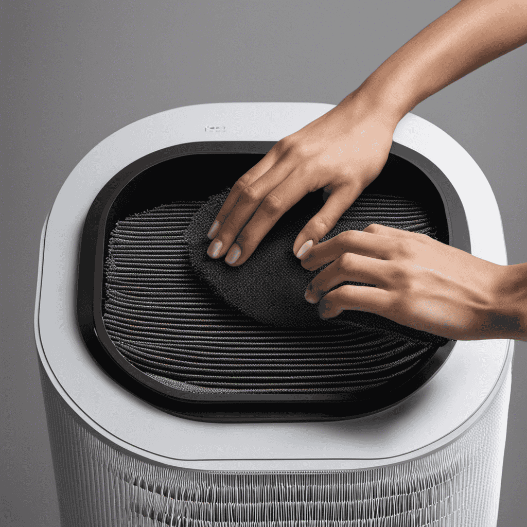 An image depicting a pair of hands delicately removing a carbon fabric filter from an air purifier