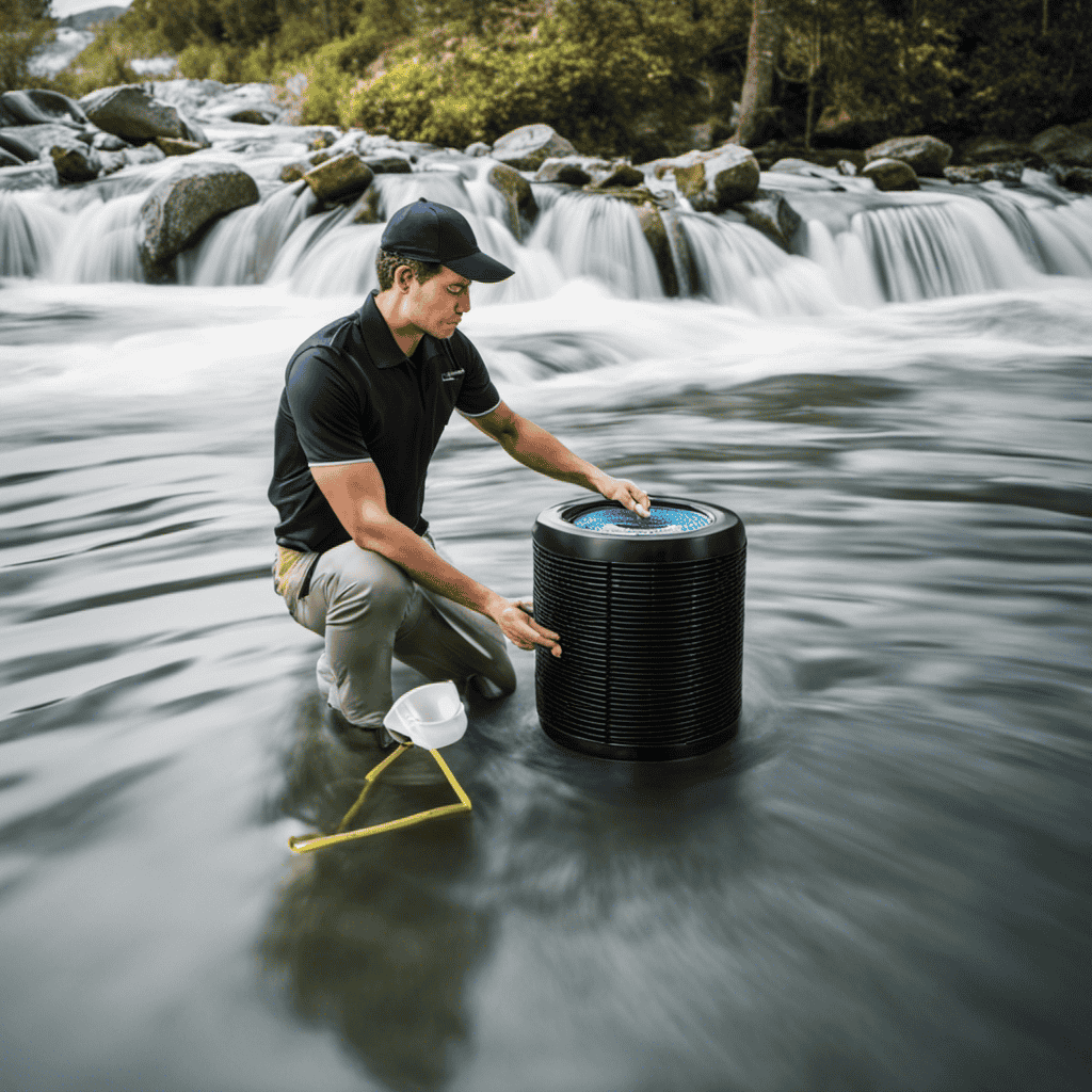 An image capturing the step-by-step process of cleaning a carbon filter for an air purifier: a person carefully removing the dirty filter, rinsing it under a gentle stream of water, and finally patting it dry before reinstalling