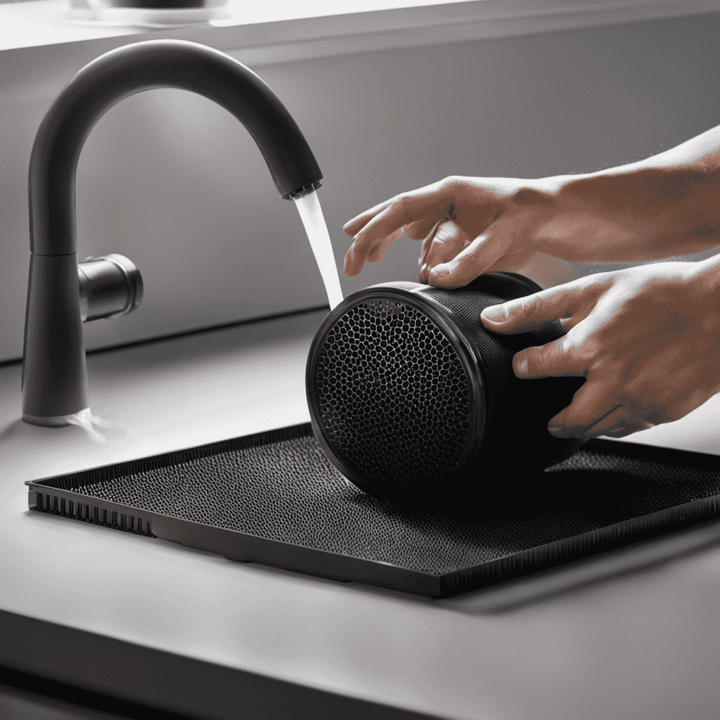 An image showing a pair of hands gently removing a charcoal filter from an air purifier