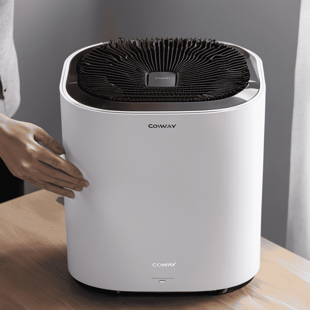 An image showcasing a pair of gloved hands carefully disassembling the Coway Air Purifier Mighty, revealing its intricate filters