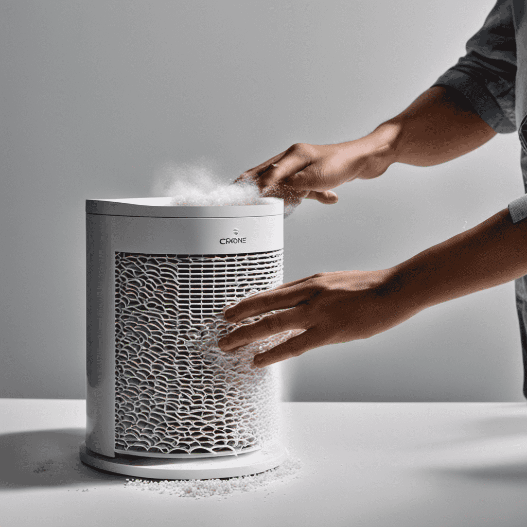 An image showcasing hands gently removing the Crane air purifier filter, surrounded by particles of dust and allergens