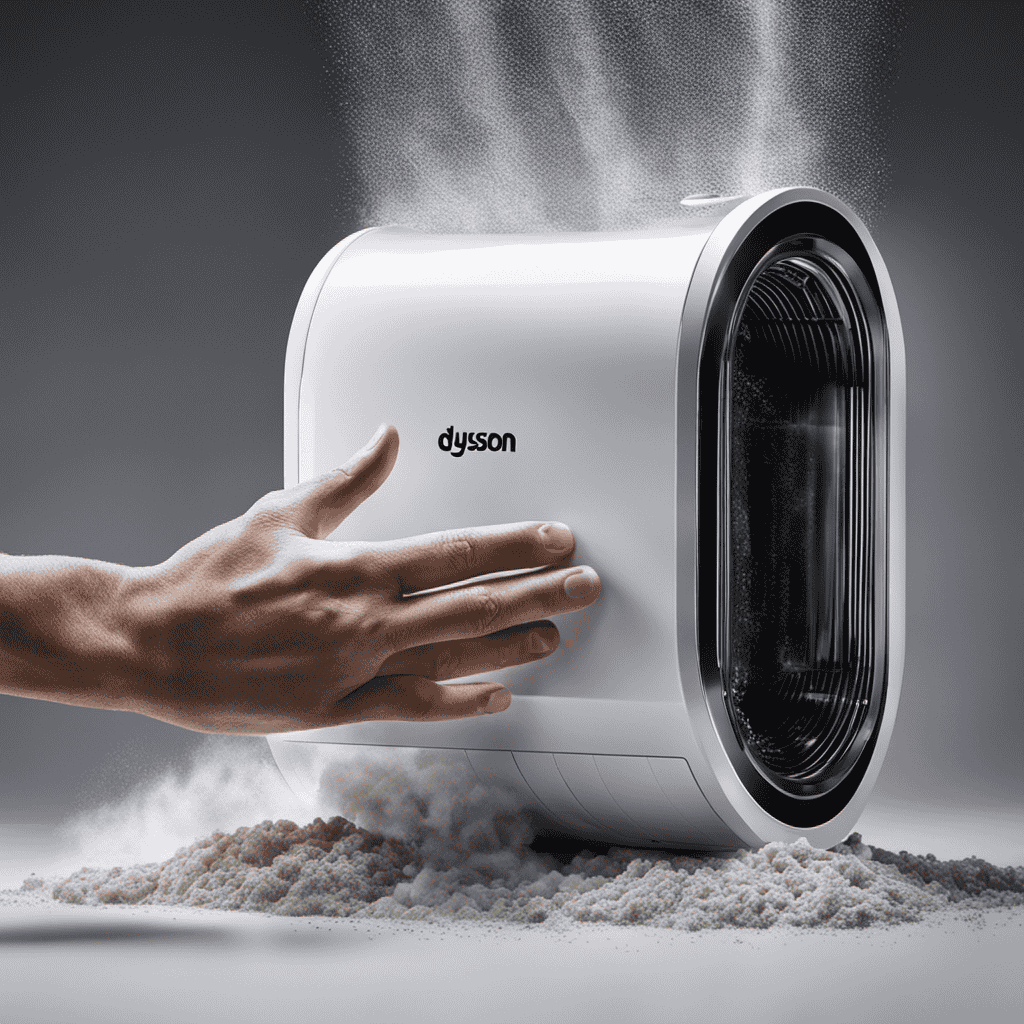 An image showcasing a pair of hands gently removing the filter from a Dyson Air Purifier, surrounded by a cloud of dust particles