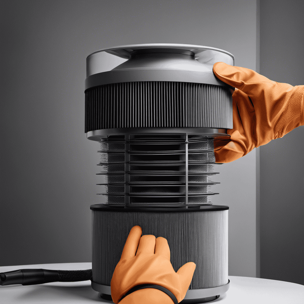 An image showcasing a close-up of a Dyson air purifier's filter being carefully removed, revealing dust particles and dirt, while a pair of gloved hands holds a brush ready to clean it