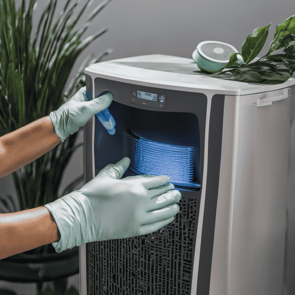 An image showcasing a person wearing gloves and holding a dirty Febreze Air Purifier filter