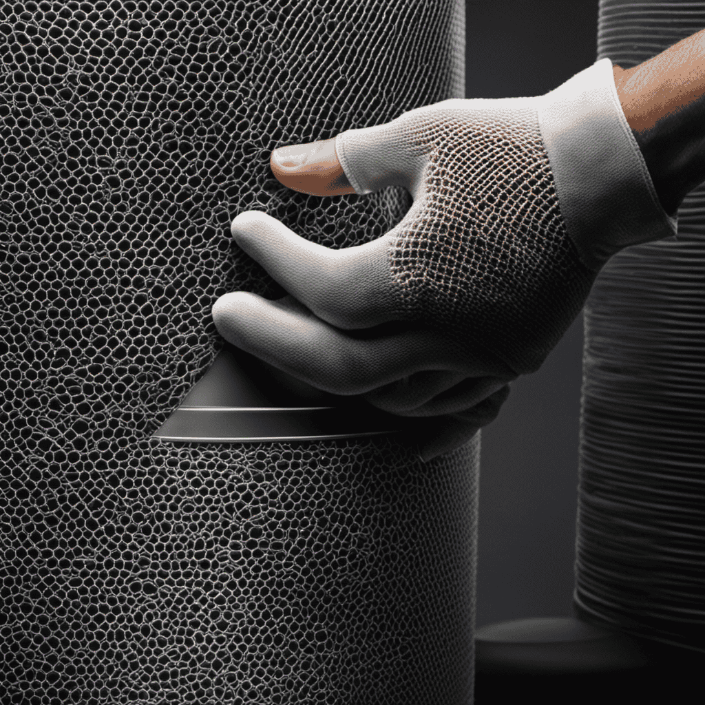 An image showcasing a pair of gloved hands gently removing a dusty filter from an air purifier, emphasizing the intricate mesh pattern and the particles being released into the air