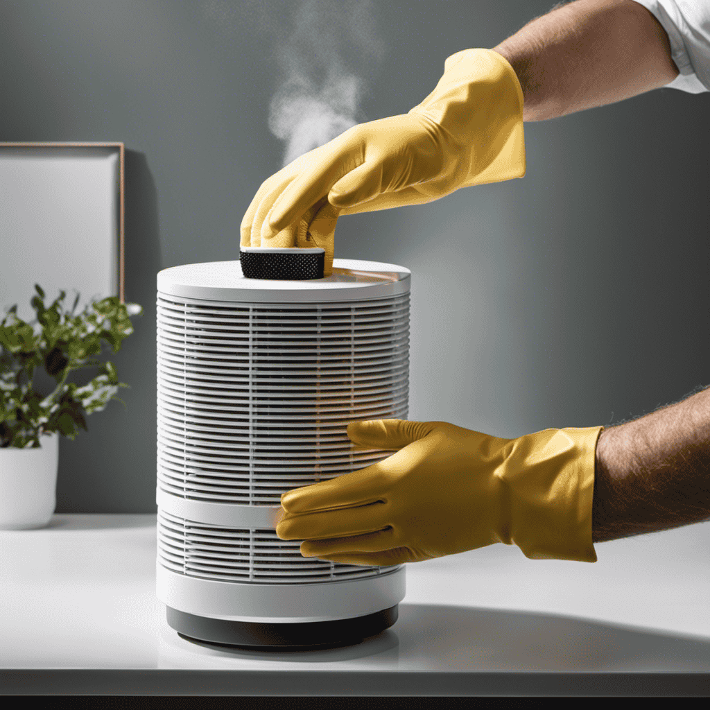 An image showcasing a person wearing gloves, carefully removing the filter from an air purifier