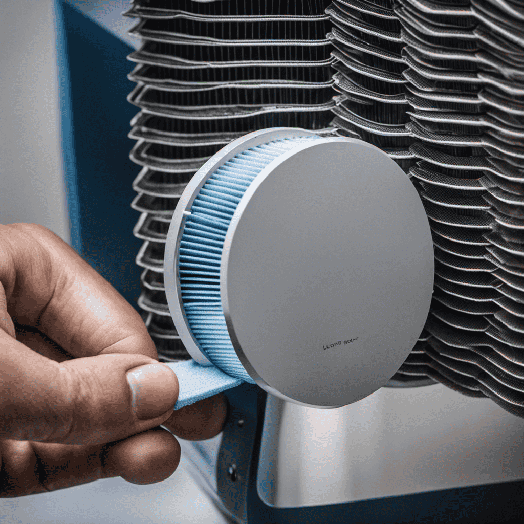 An image showing a close-up view of an Ion Air Purifier's filter being gently removed from the device