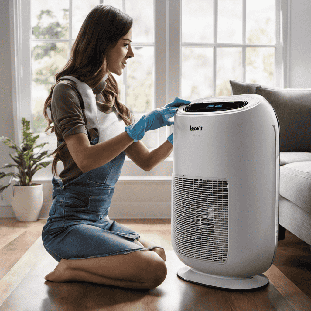 An image of a person wearing gloves, gently removing the front panel of a Levoit Air Purifier