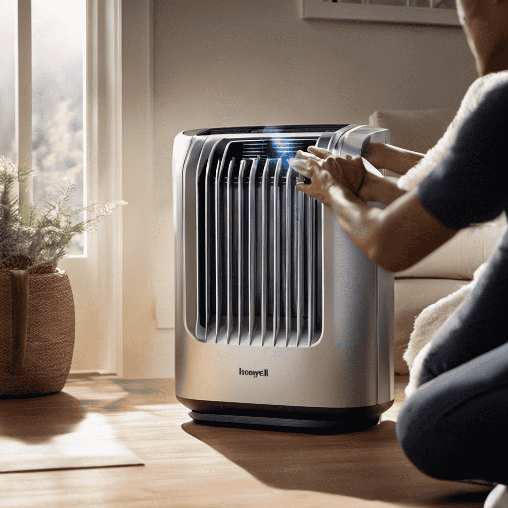 An image showing a pair of hands delicately removing the dusty pre-filter from a Honeywell Air Purifier