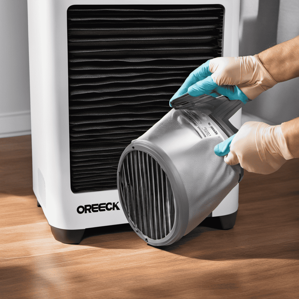 An image showcasing a person using gloves to remove the dirty filter from the Oreck Professional Air Purifier