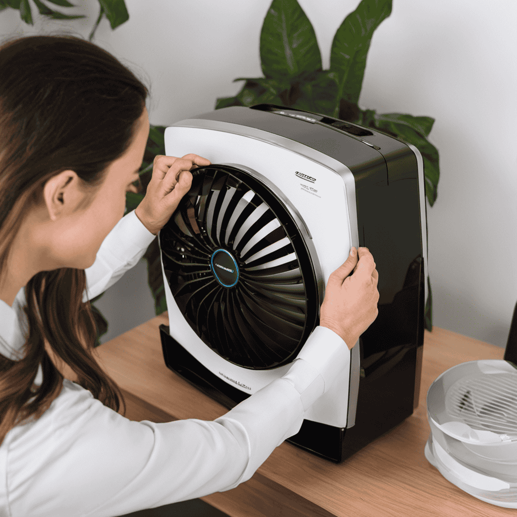 An image showing a close-up of someone disassembling the Hamilton Beach True Air Purifier Type Ap23