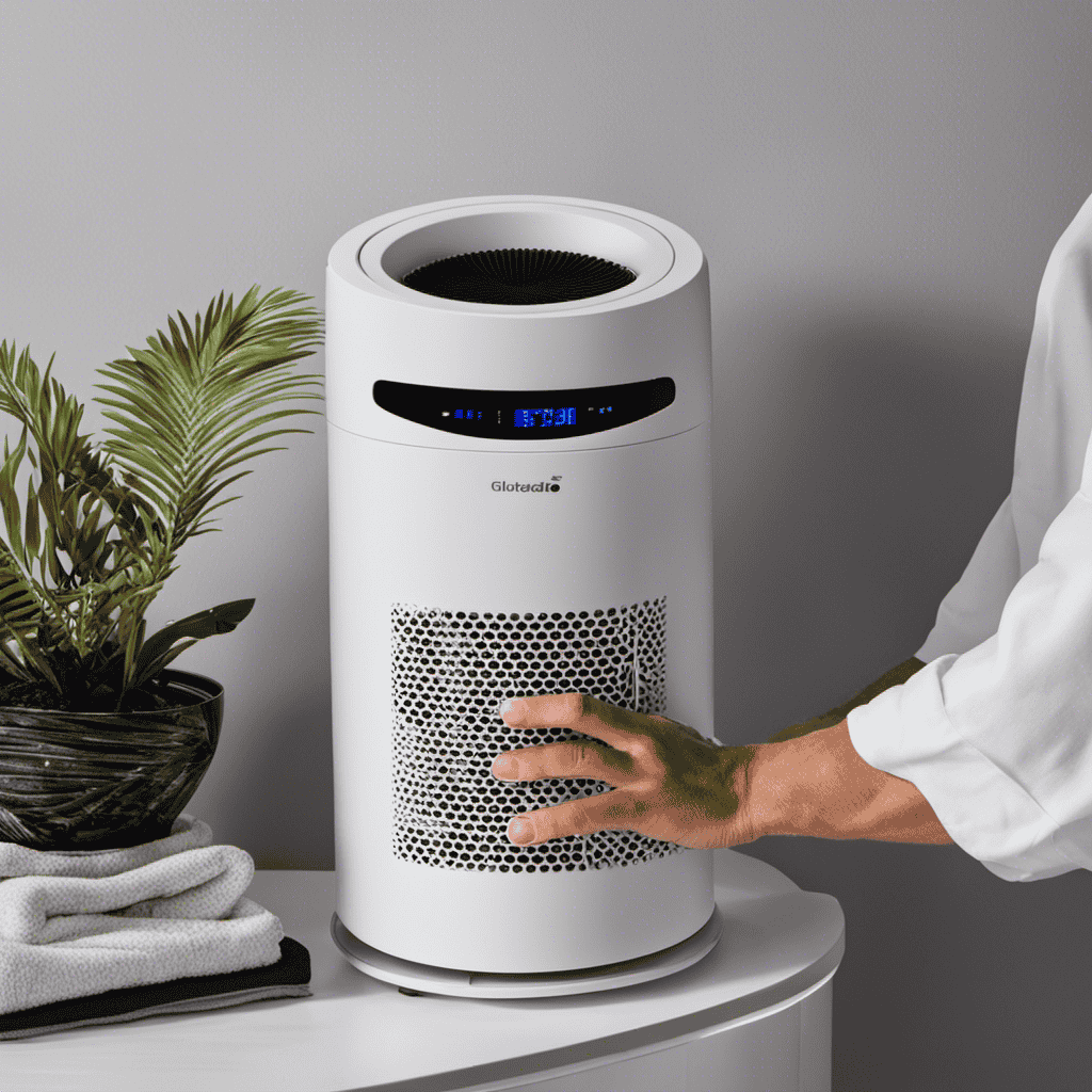 An image showcasing a pair of gloved hands carefully removing the front panel of a Hathaspace Air Purifier, revealing a filter covered in dust