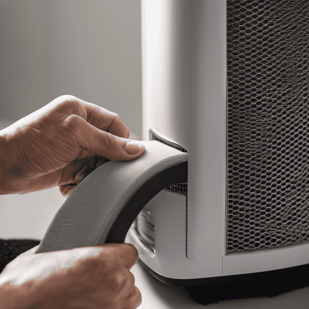 An image showcasing a close-up shot of a hand gently removing a dusty, clogged HEPA filter from an air purifier