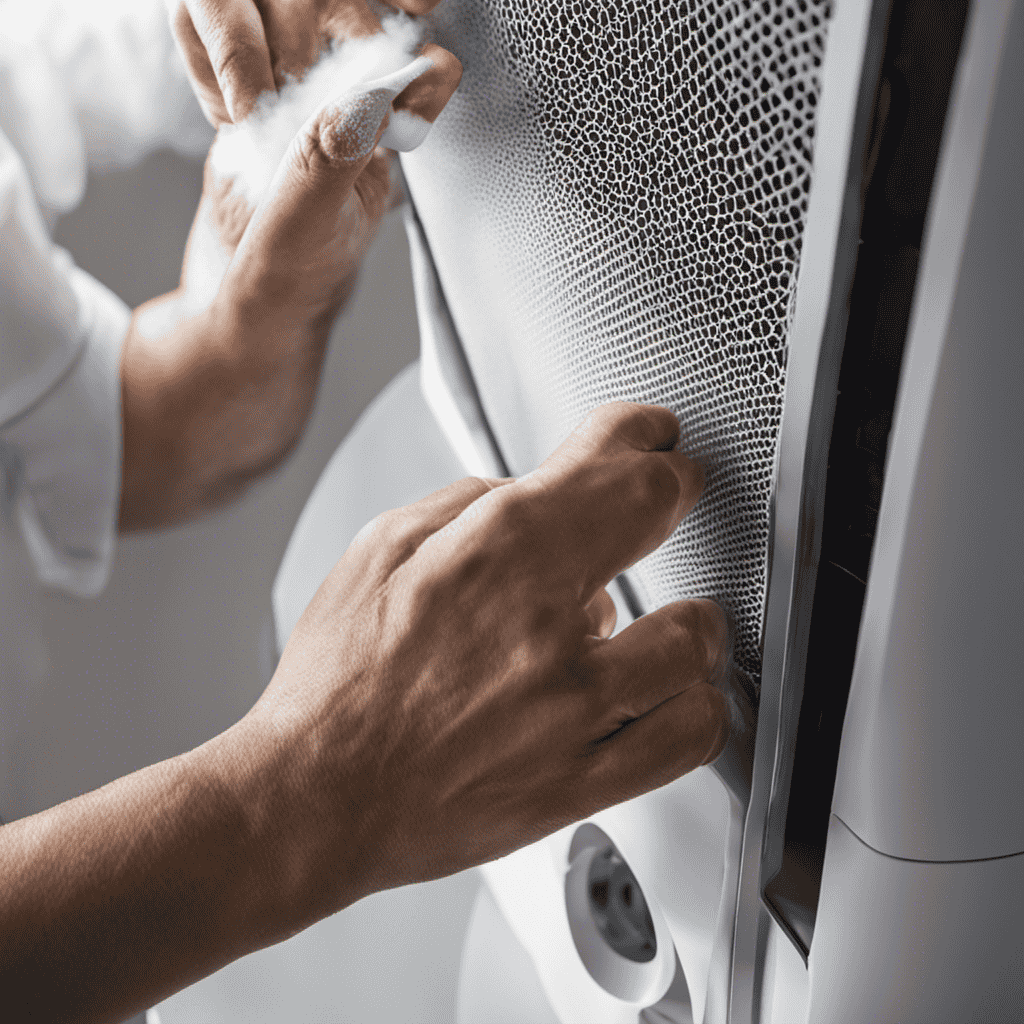 An image showing a pair of hands delicately removing a dirty HEPA filter from an air purifier, surrounded by a cloudy haze of dust particles