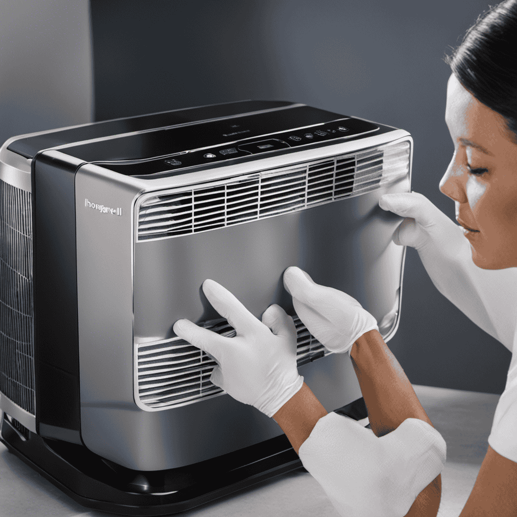 An image showcasing a pair of gloved hands gently removing the HEPA filter from a Honeywell air purifier