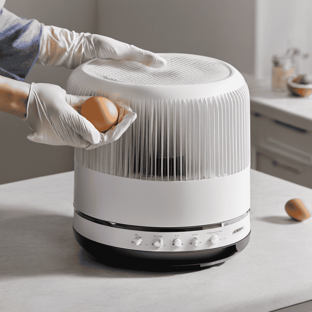 An image showcasing a pair of gloved hands delicately disassembling a Holmes Egg Air Purifier, meticulously wiping each component with a soft cloth, and reassembling it, capturing the essence of a step-by-step manual on cleaning