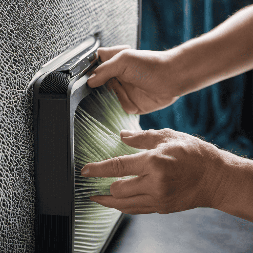 An image showcasing a pair of hands gently removing a dirty air purifier filter