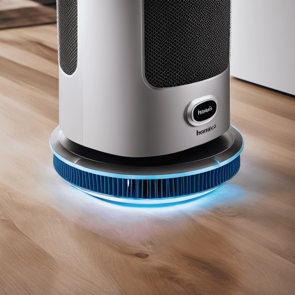 An image showcasing a close-up of a Homedics air purifier filter being gently vacuumed, capturing the removal of dust and debris
