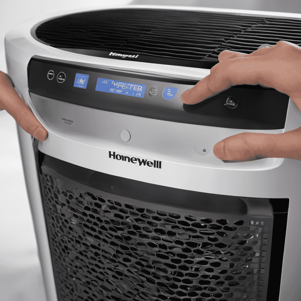 An image showcasing the step-by-step process of cleaning a Honeywell Air Purifier: hands removing the front panel, wiping the pre-filter, rinsing the HEPA filter under running water, and reassembling the unit