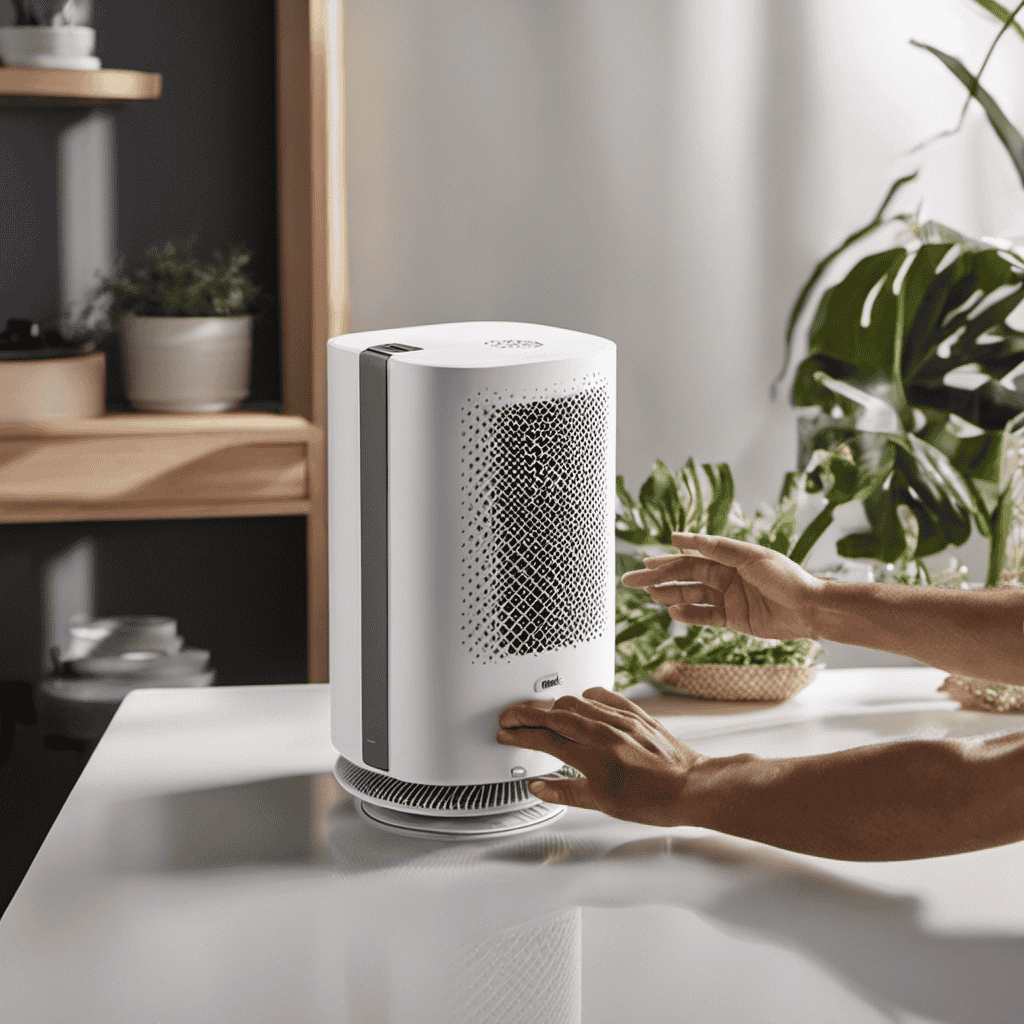 An image displaying a pair of hands carefully removing the Idylis air purifier filter from its casing