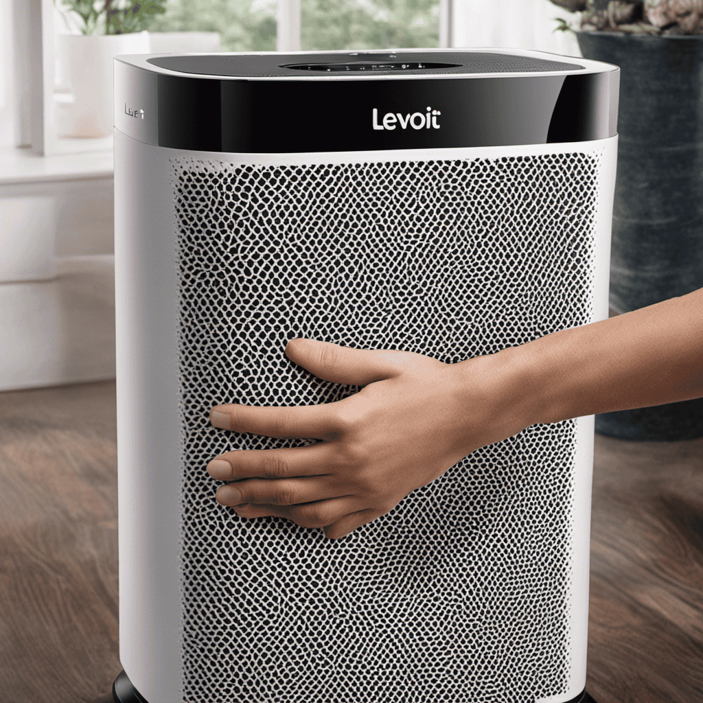 An image showcasing a pair of hands delicately removing the front panel of a Levoit Air Purifier, revealing a mesh filter covered in dust