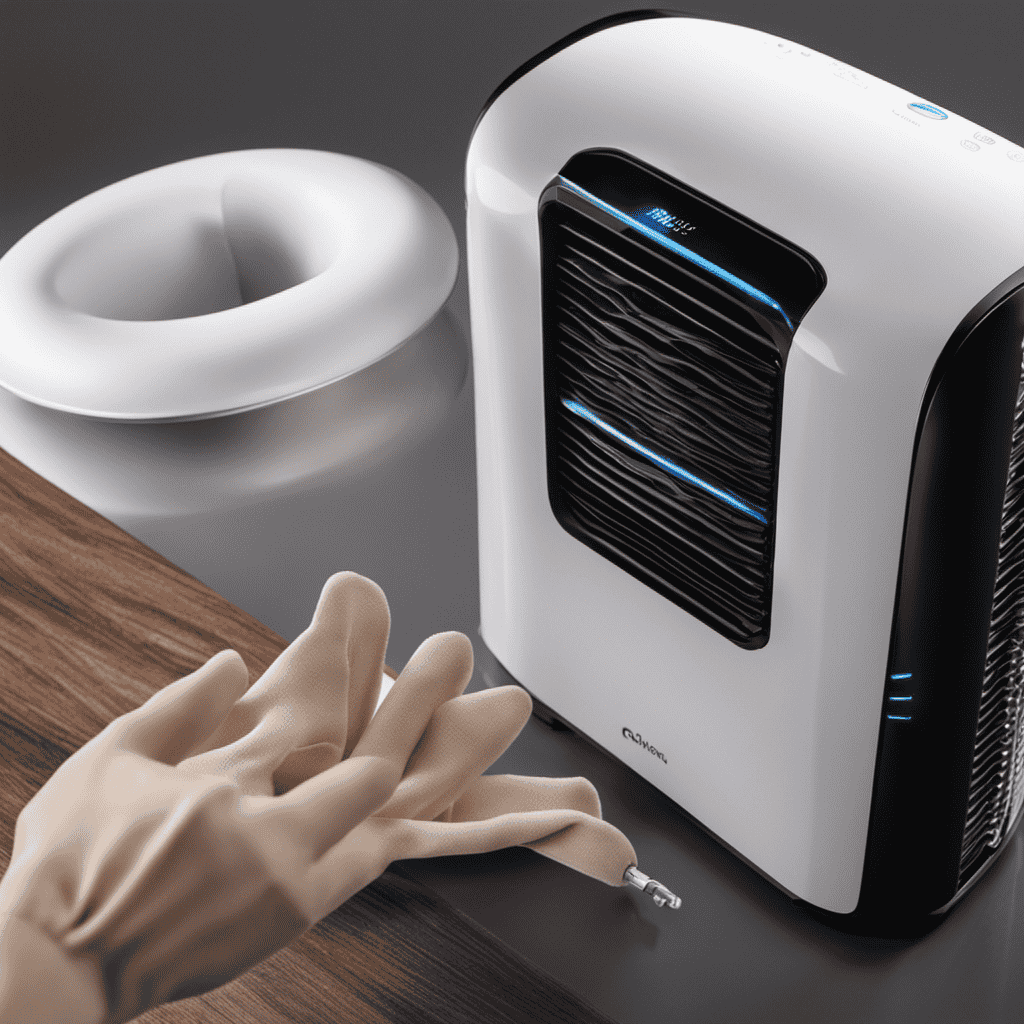 An image showcasing a pair of gloved hands gently wiping the sleek exterior of a Living Air Purifier with a microfiber cloth, removing dust particles and revealing its pristine surface
