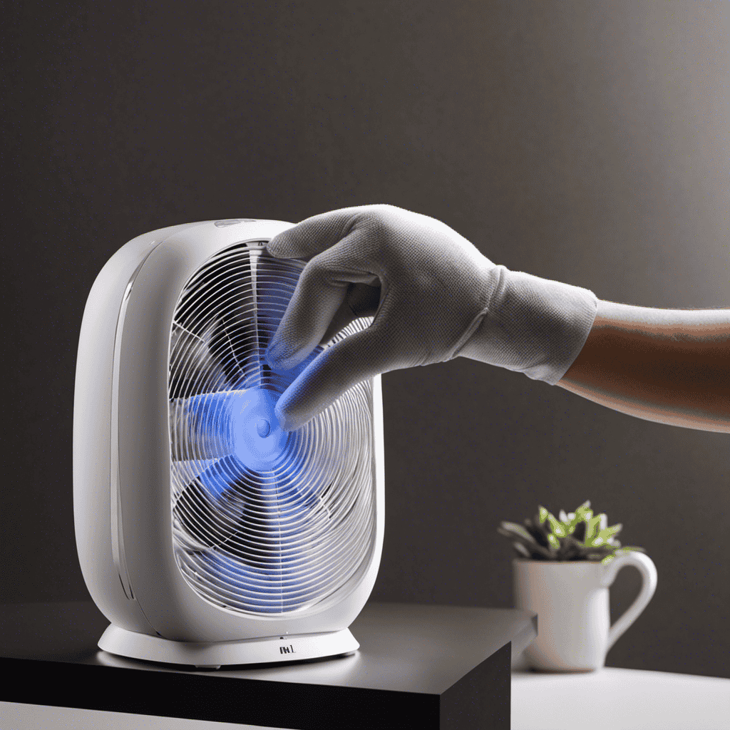 An image of a person wearing gloves, using a soft cloth to gently wipe the Mi Air Purifier fan blades