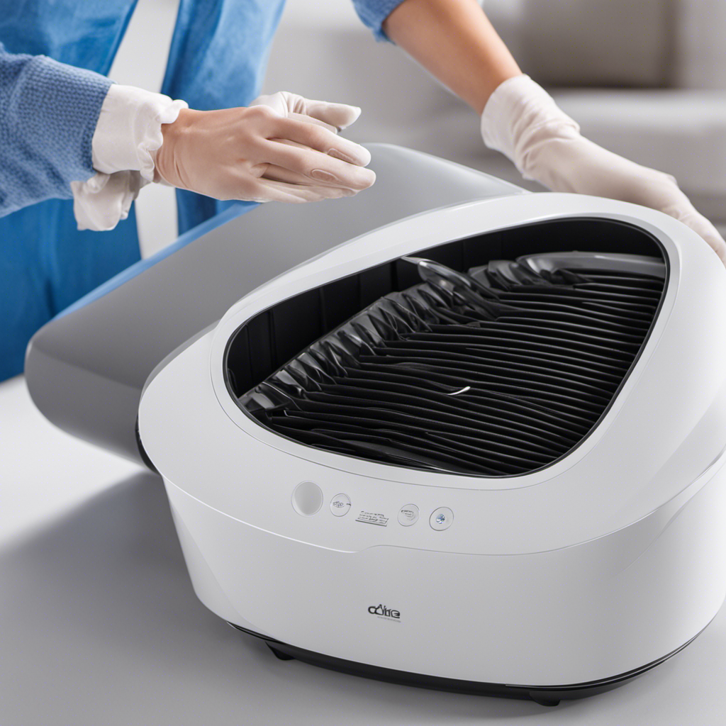 An image showcasing a pair of gloved hands carefully disassembling the New Comfort Air Purifier RH3000