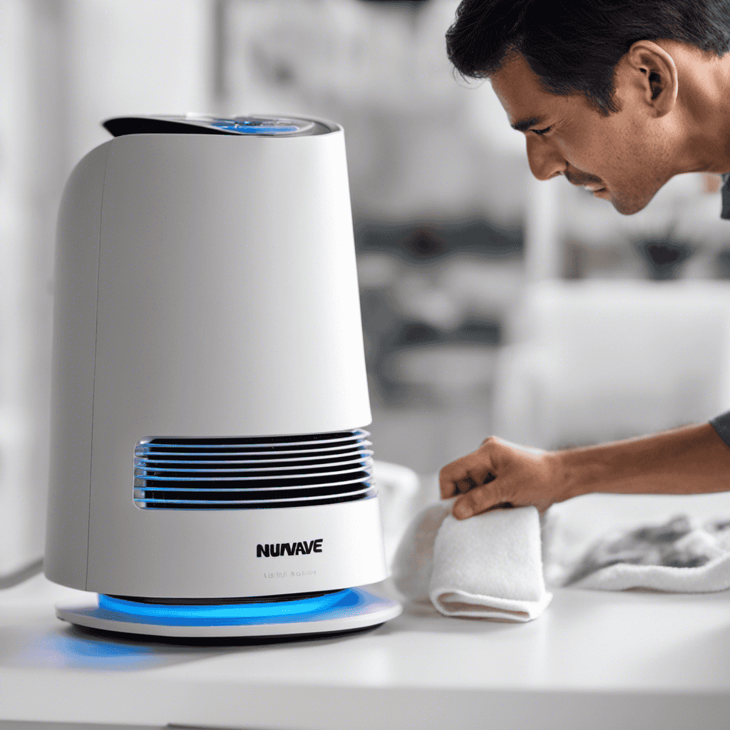 An image showing a close-up view of a person carefully dismantling the Nuwave Air Purifier, wiping each component with a microfiber cloth, and using a small brush to remove dust particles