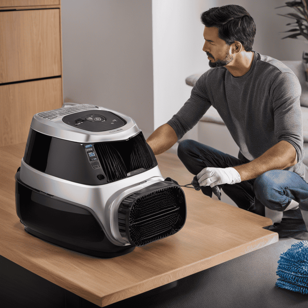 An image showcasing a pair of gloved hands delicately removing the Truman Cell from an Oreck air purifier