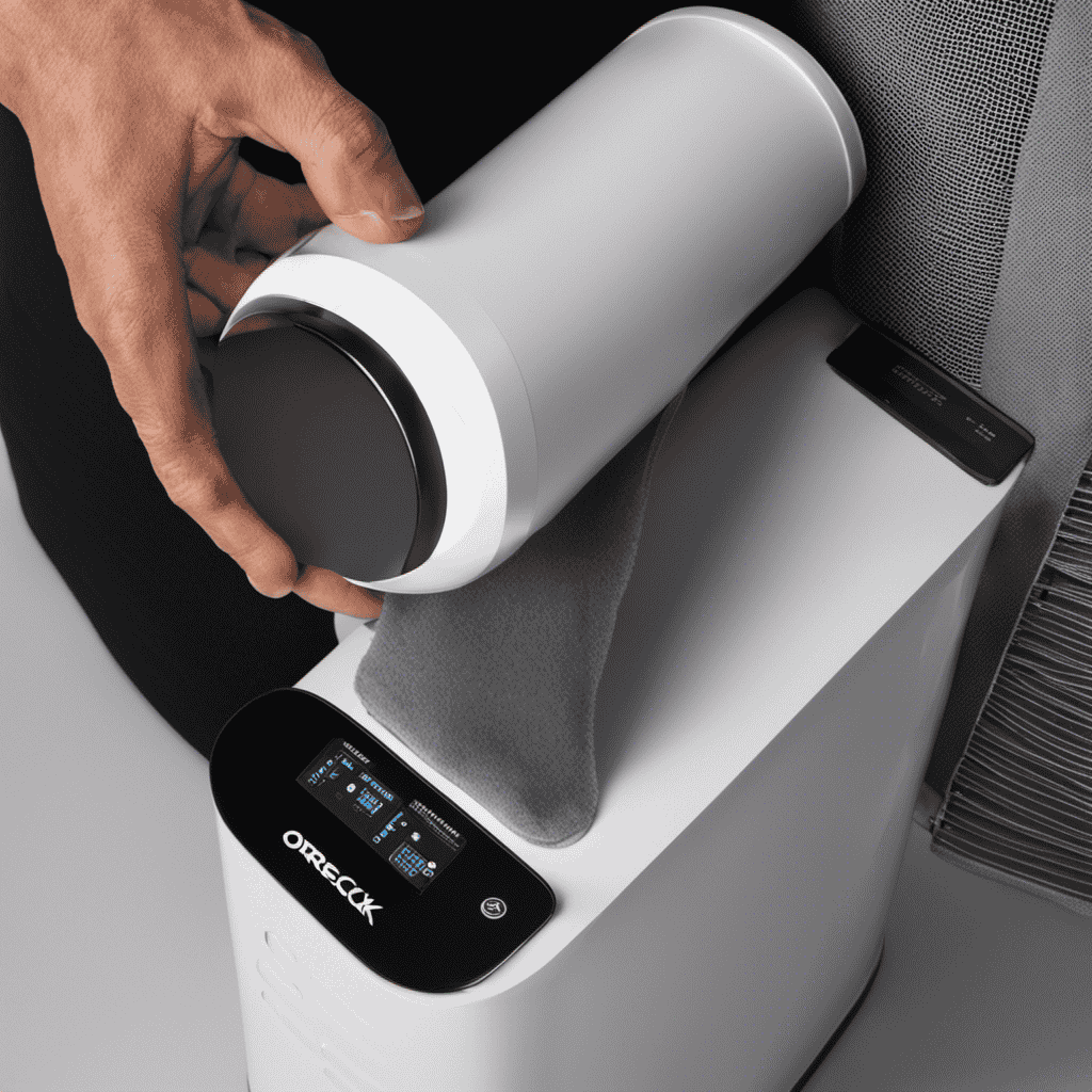 An image showcasing a pair of gloved hands gently wiping the sleek surface of the Oreck Professional Air Purifier with a microfiber cloth, capturing the meticulous process of cleaning every nook and cranny