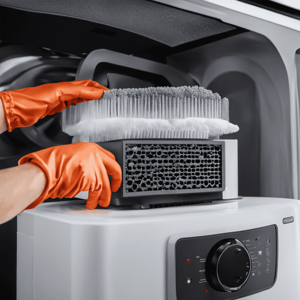An image showcasing a person wearing gloves, carefully removing a dirty permanent filter from an air purifier