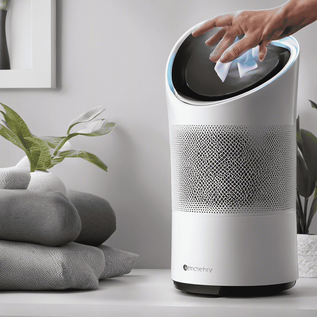 An image showcasing a pair of gloved hands gently wiping the sleek surface of a Pure Enrichment Air Purifier with a microfiber cloth, capturing the intricate design and emphasizing the importance of regular maintenance