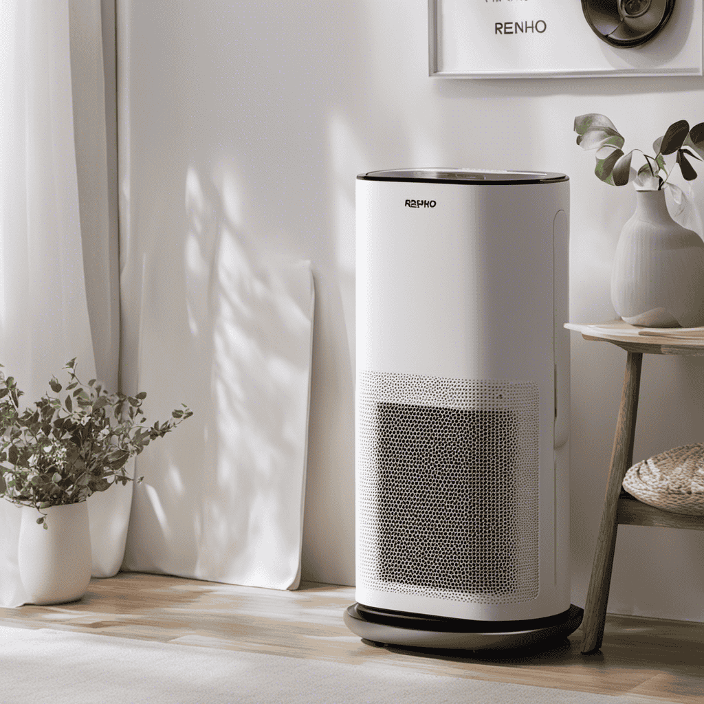 An image showcasing the step-by-step process of cleaning a Renpho Air Purifier: hands carefully removing the filter, rinsing it under running water, gently wiping the exterior with a damp cloth, and finally, placing the clean filter back into the purifier