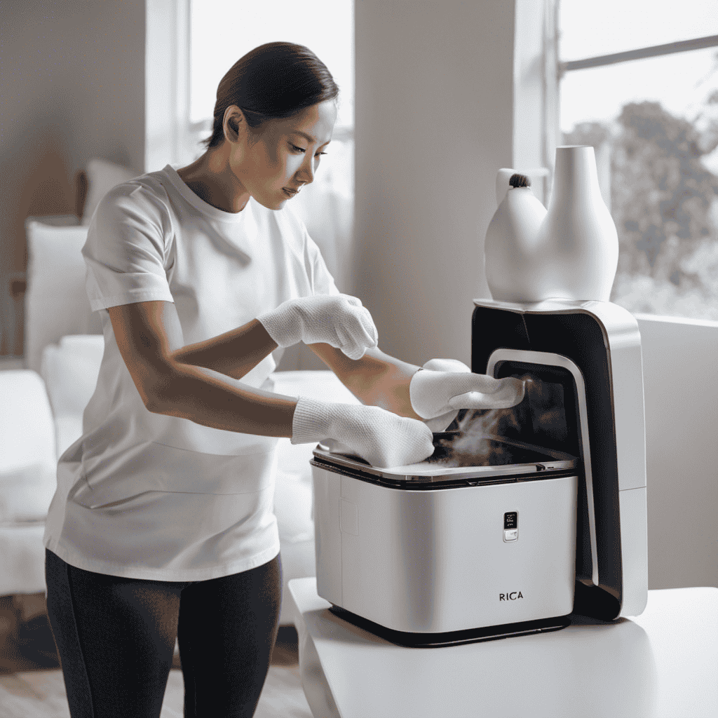 An image that showcases a person wearing gloves while carefully disassembling and cleaning the individual components of a Ricca air purifier