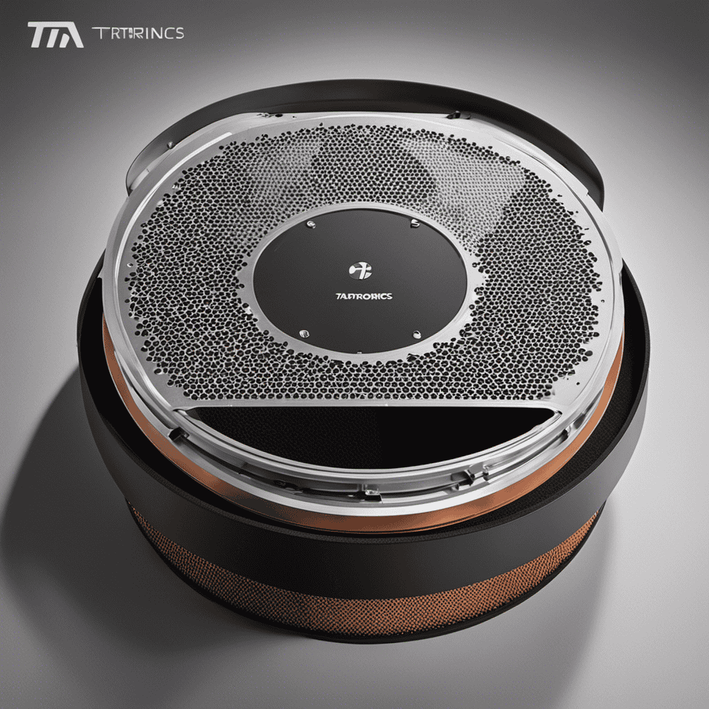 An image showcasing a close-up view of a disassembled Taotronics air purifier filter, highlighting the intricate layers of dust particles, pollutants, and debris