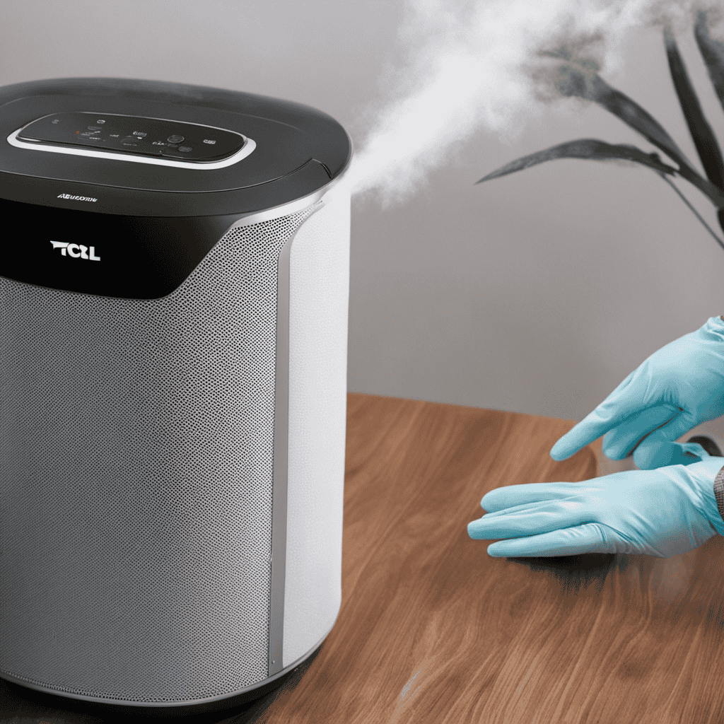 An image showcasing a close-up of a person wearing gloves, gently wiping the exterior of a TCL air purifier with a microfiber cloth, removing dust particles and ensuring a clean and polished finish