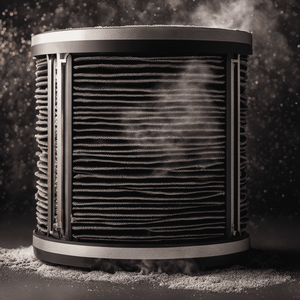 An image showcasing a close-up view of a dirty air purifier filter, covered in layers of dust and debris