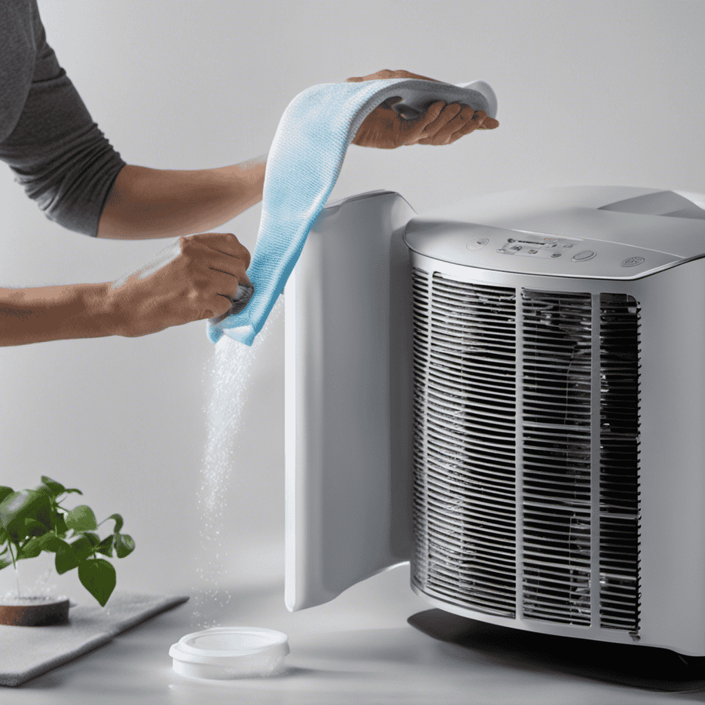 An image of hands holding a damp cloth, gently wiping the exterior and interior surfaces of an air purifier